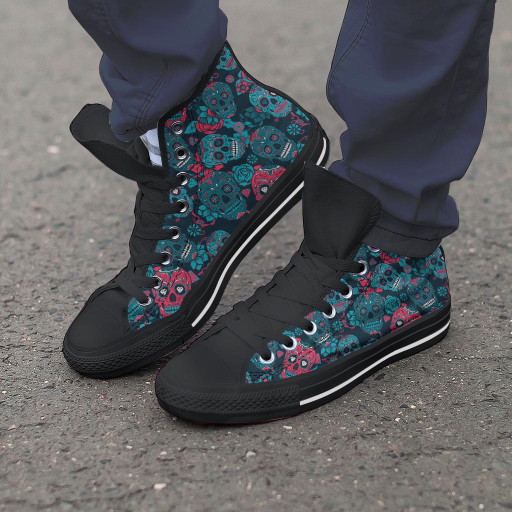 Blue And Red Floral Sugar Skull Men's High Top Shoes-grizzshop