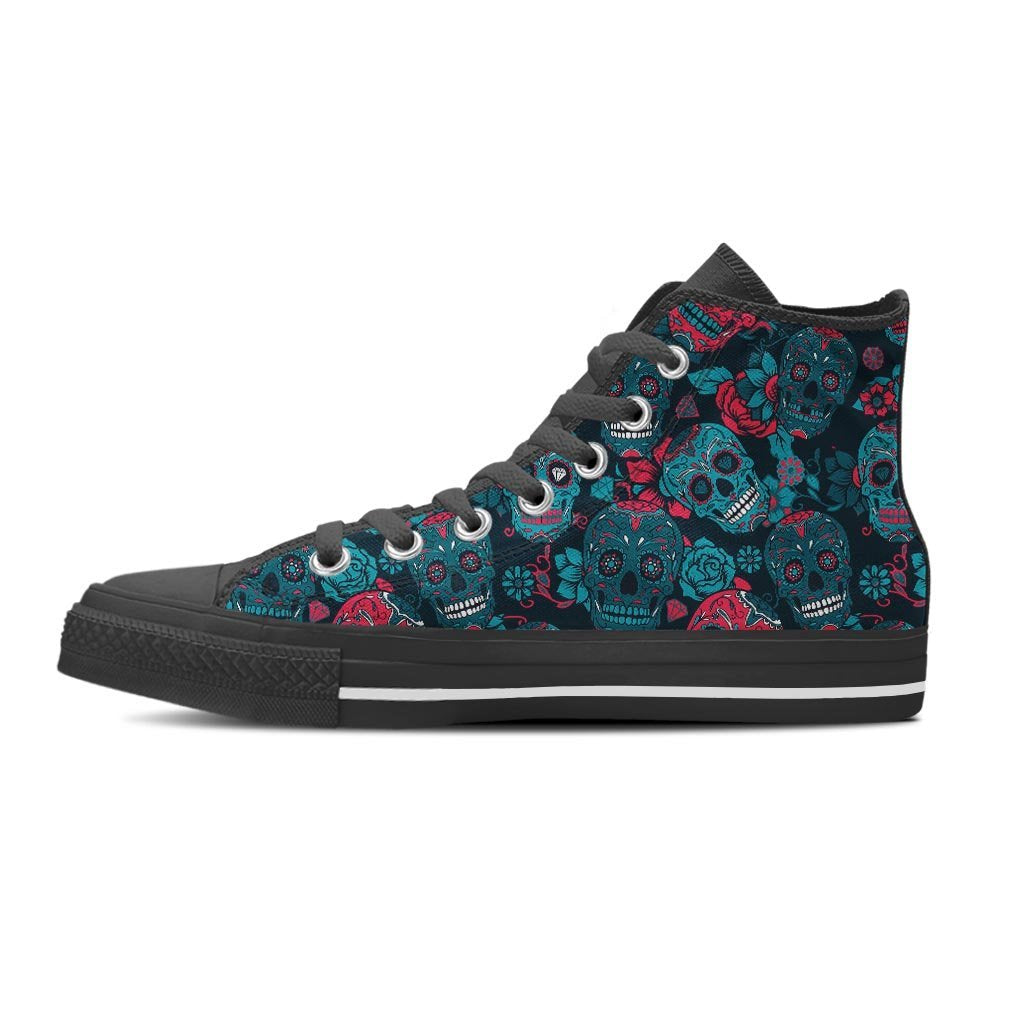 Blue And Red Floral Sugar Skull Men's High Top Shoes-grizzshop