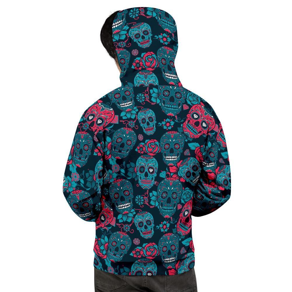 Blue And Red Floral Sugar Skull Men's Hoodie-grizzshop
