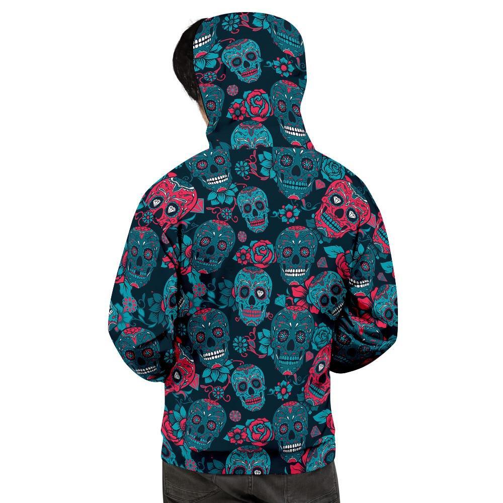 Blue And Red Floral Sugar Skull Men's Hoodie-grizzshop