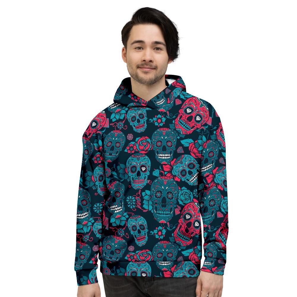 Blue And Red Floral Sugar Skull Men's Hoodie-grizzshop