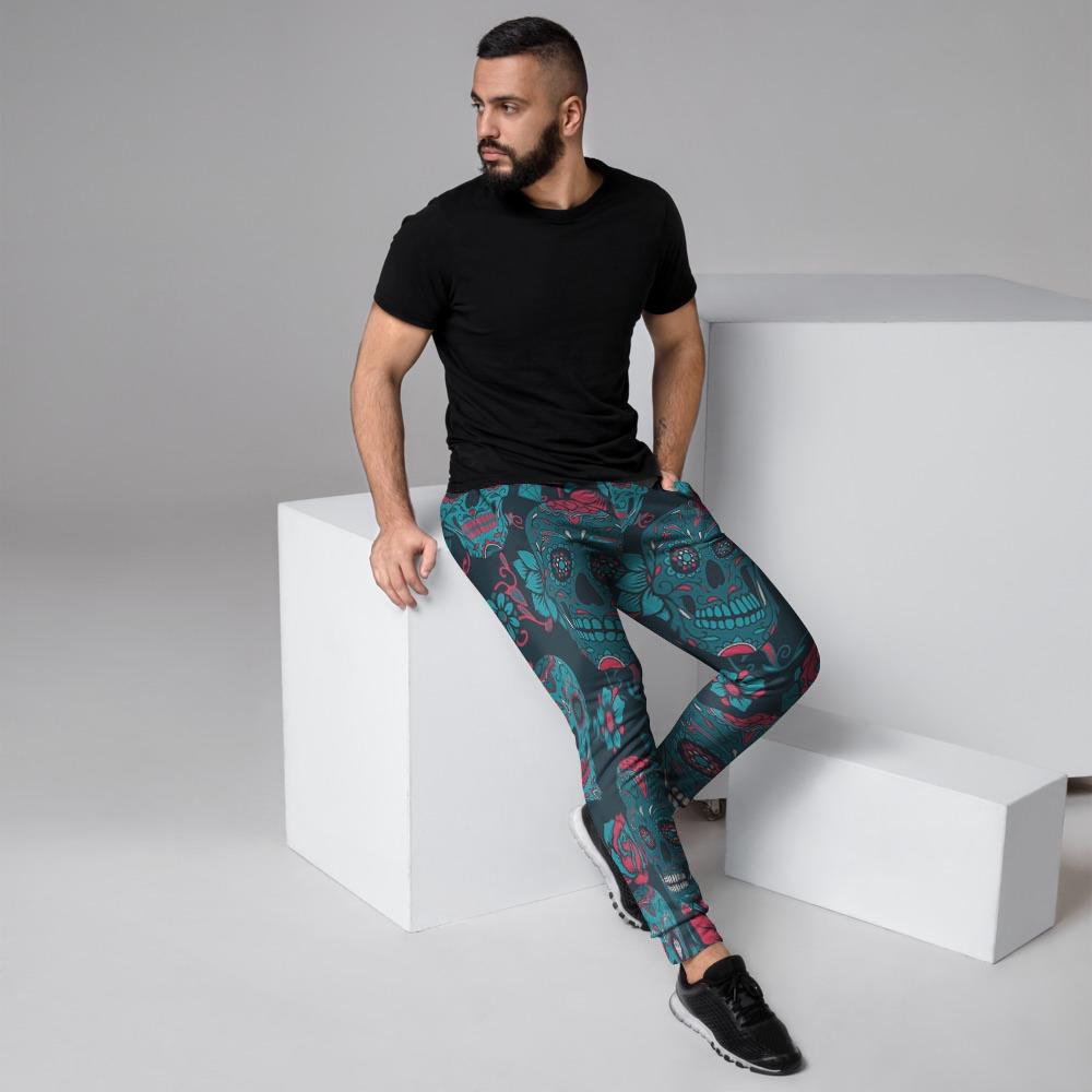 Blue And Red Floral Sugar Skull Men's Joggers-grizzshop