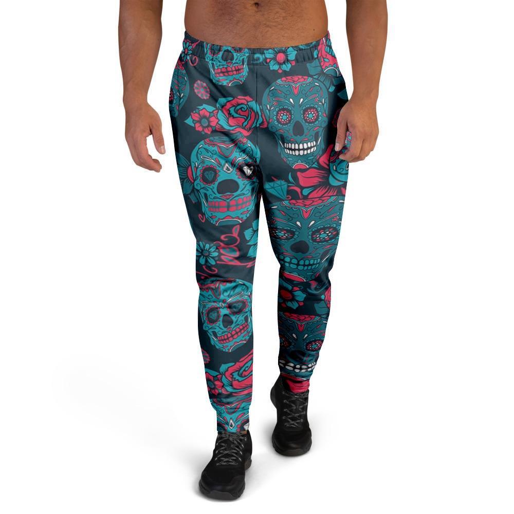 Blue And Red Floral Sugar Skull Men's Joggers-grizzshop