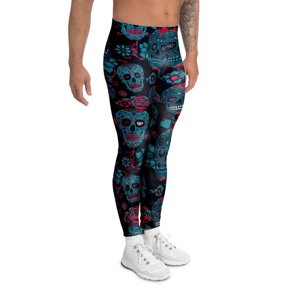 Blue And Red Floral Sugar Skull Men's Leggings-grizzshop