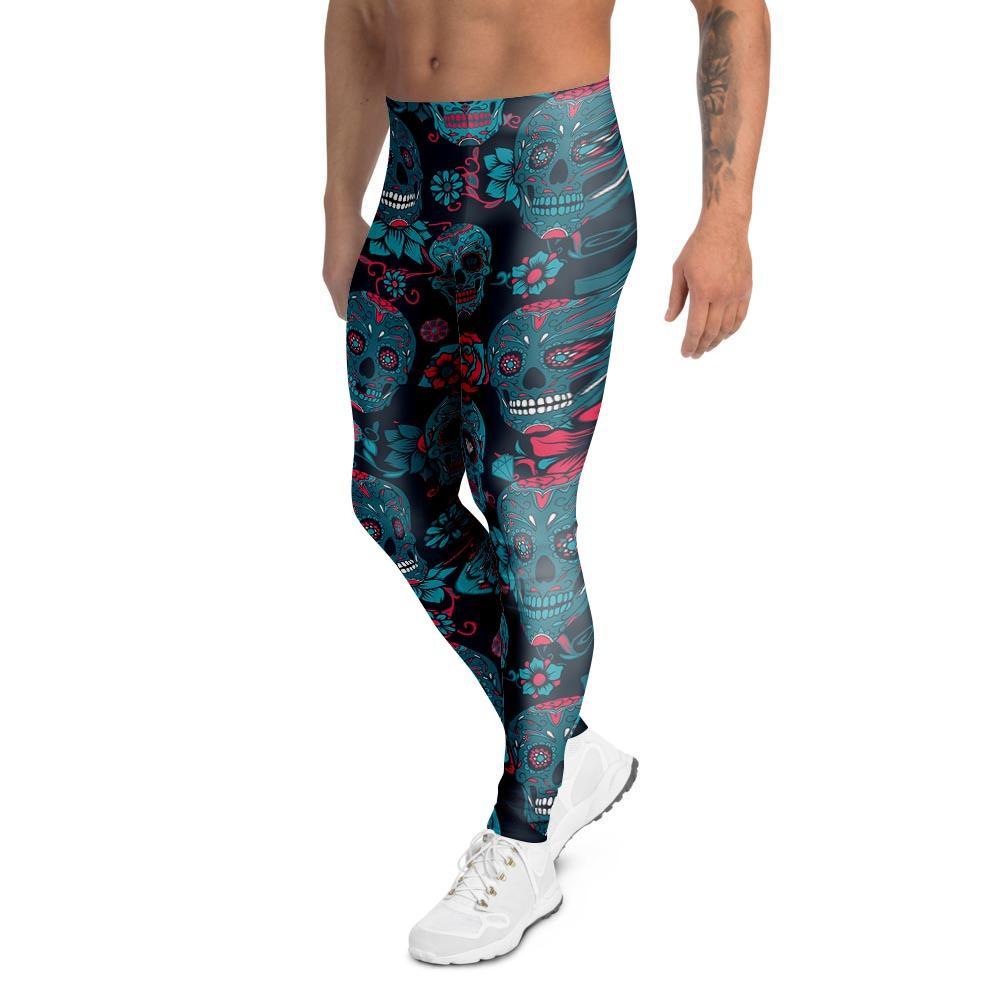 Blue And Red Floral Sugar Skull Men's Leggings-grizzshop