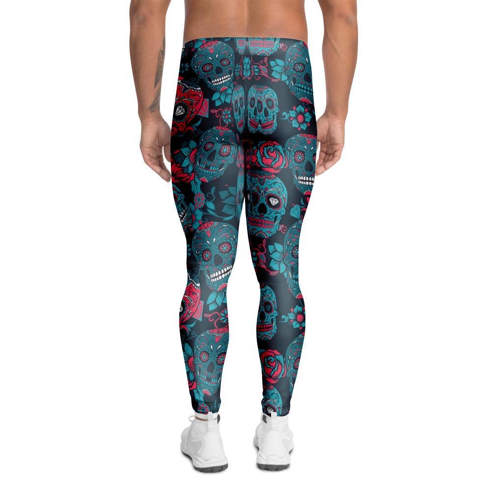 Blue And Red Floral Sugar Skull Men's Leggings-grizzshop