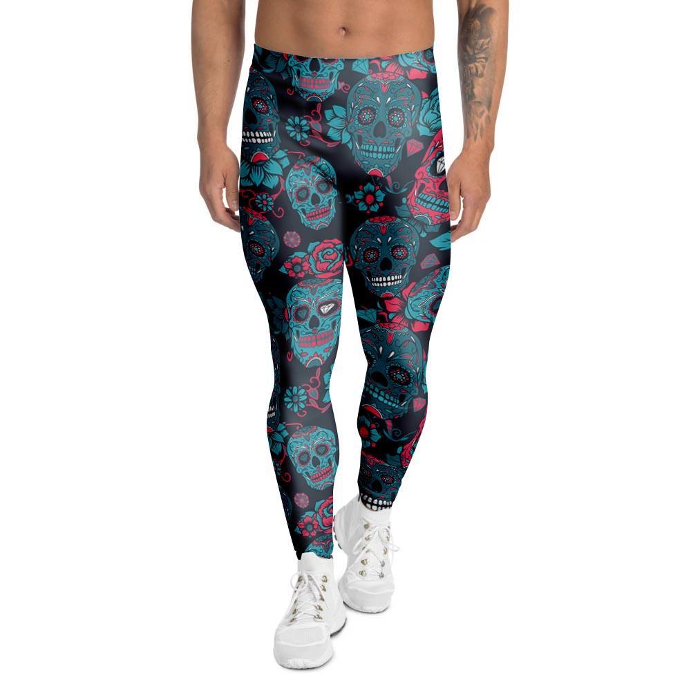 Blue And Red Floral Sugar Skull Men's Leggings-grizzshop