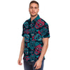 Blue And Red Floral Sugar Skull Men's Short Sleeve Shirt-grizzshop