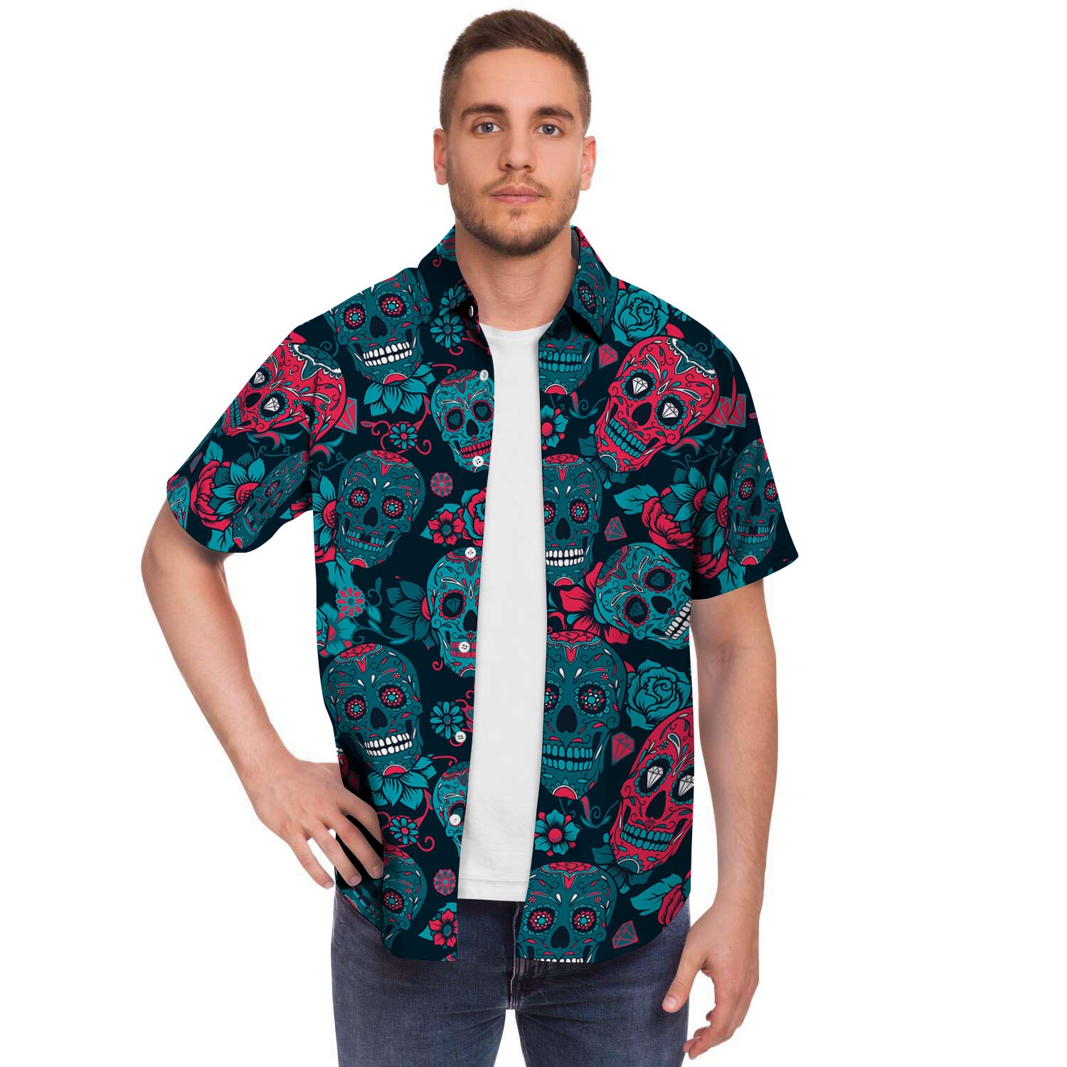 Blue And Red Floral Sugar Skull Men's Short Sleeve Shirt-grizzshop