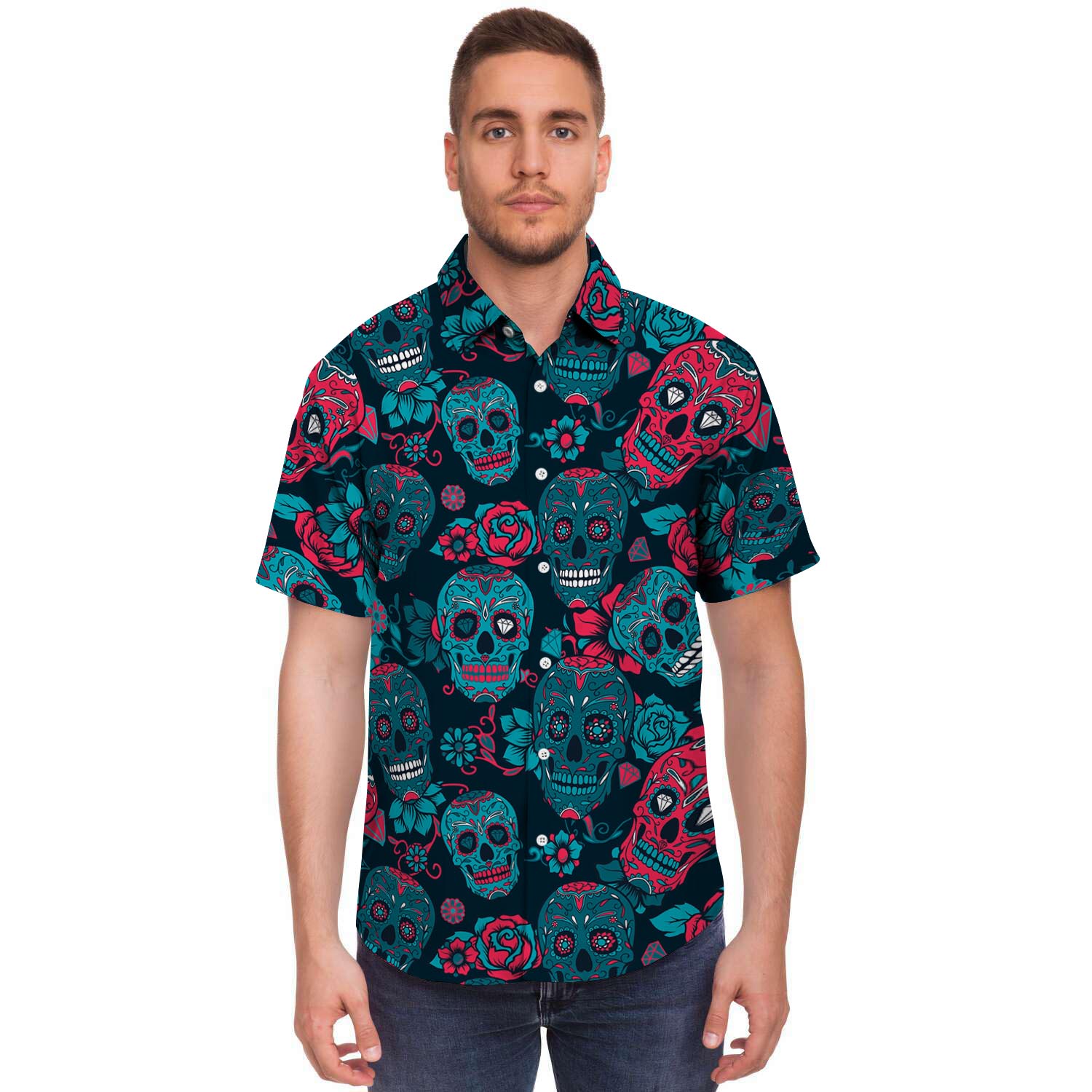 Blue And Red Floral Sugar Skull Men's Short Sleeve Shirt-grizzshop