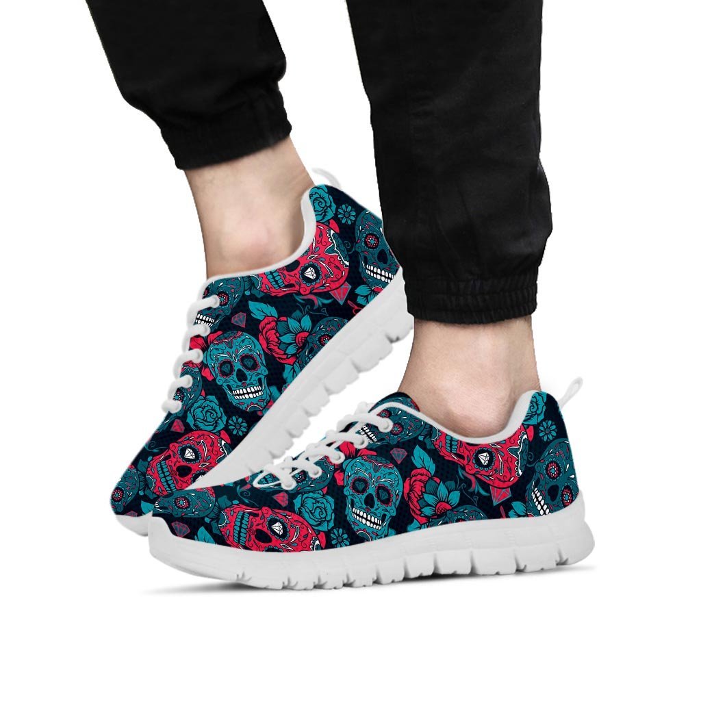 Blue And Red Floral Sugar Skull Men's Sneakers-grizzshop