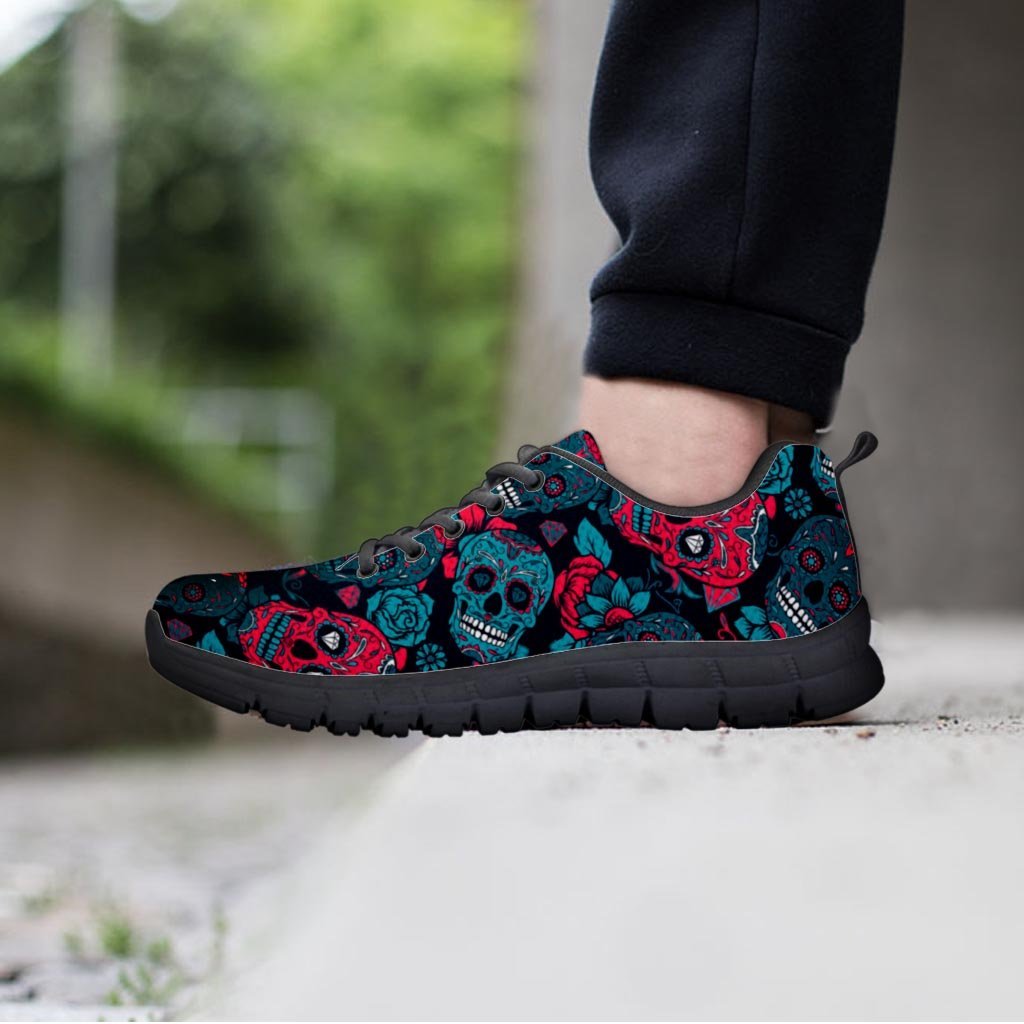 Blue And Red Floral Sugar Skull Men's Sneakers-grizzshop