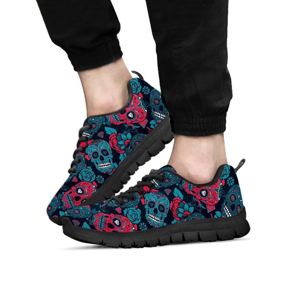 Blue And Red Floral Sugar Skull Men's Sneakers-grizzshop