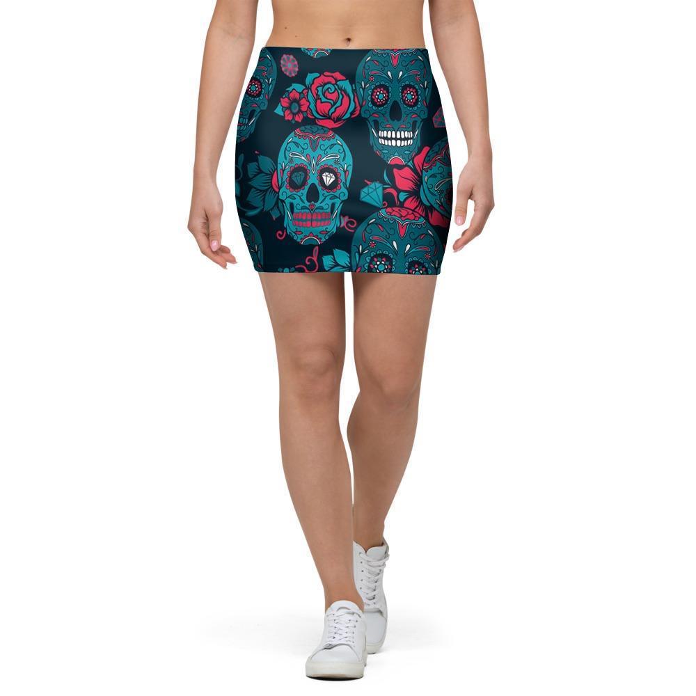 Blue And Red Floral Sugar Skull Mini Skirt-grizzshop