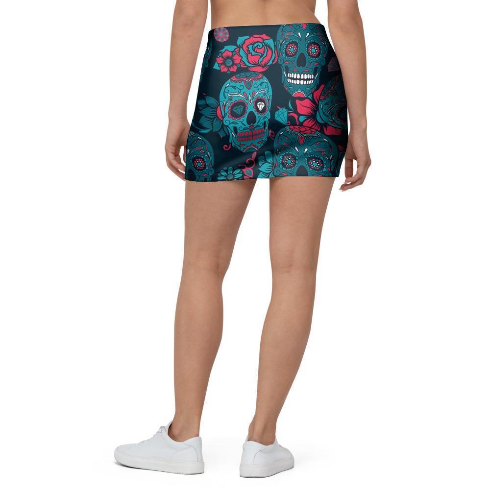 Blue And Red Floral Sugar Skull Mini Skirt-grizzshop