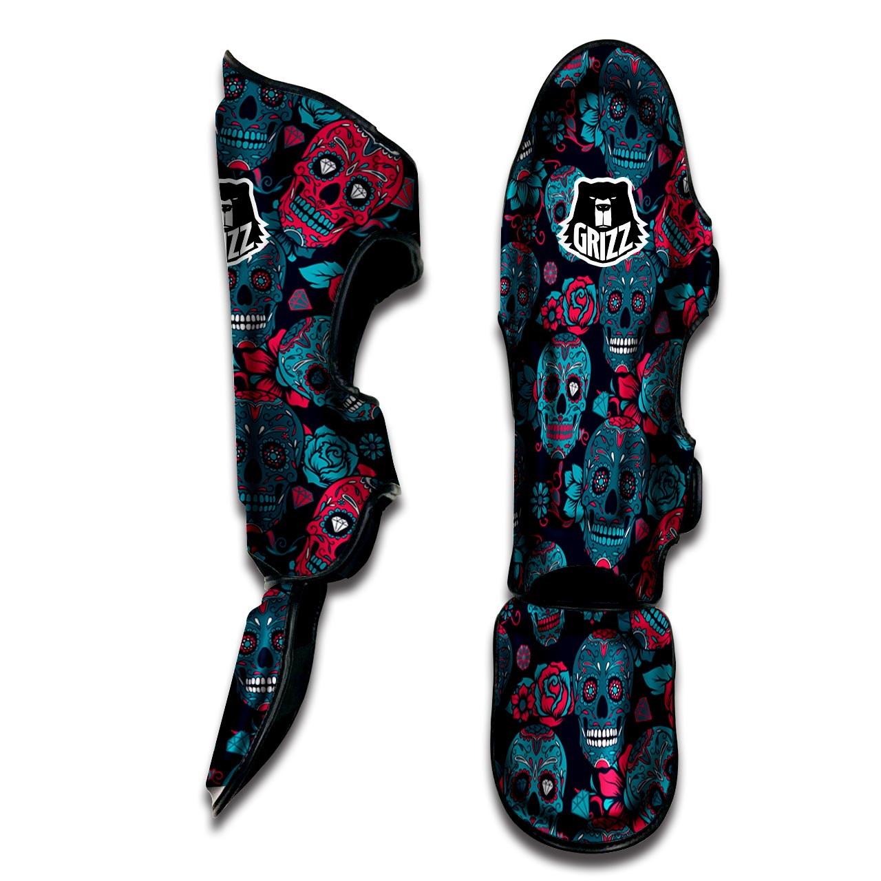 Blue And Red Floral Sugar Skull Muay Thai Shin Guard-grizzshop