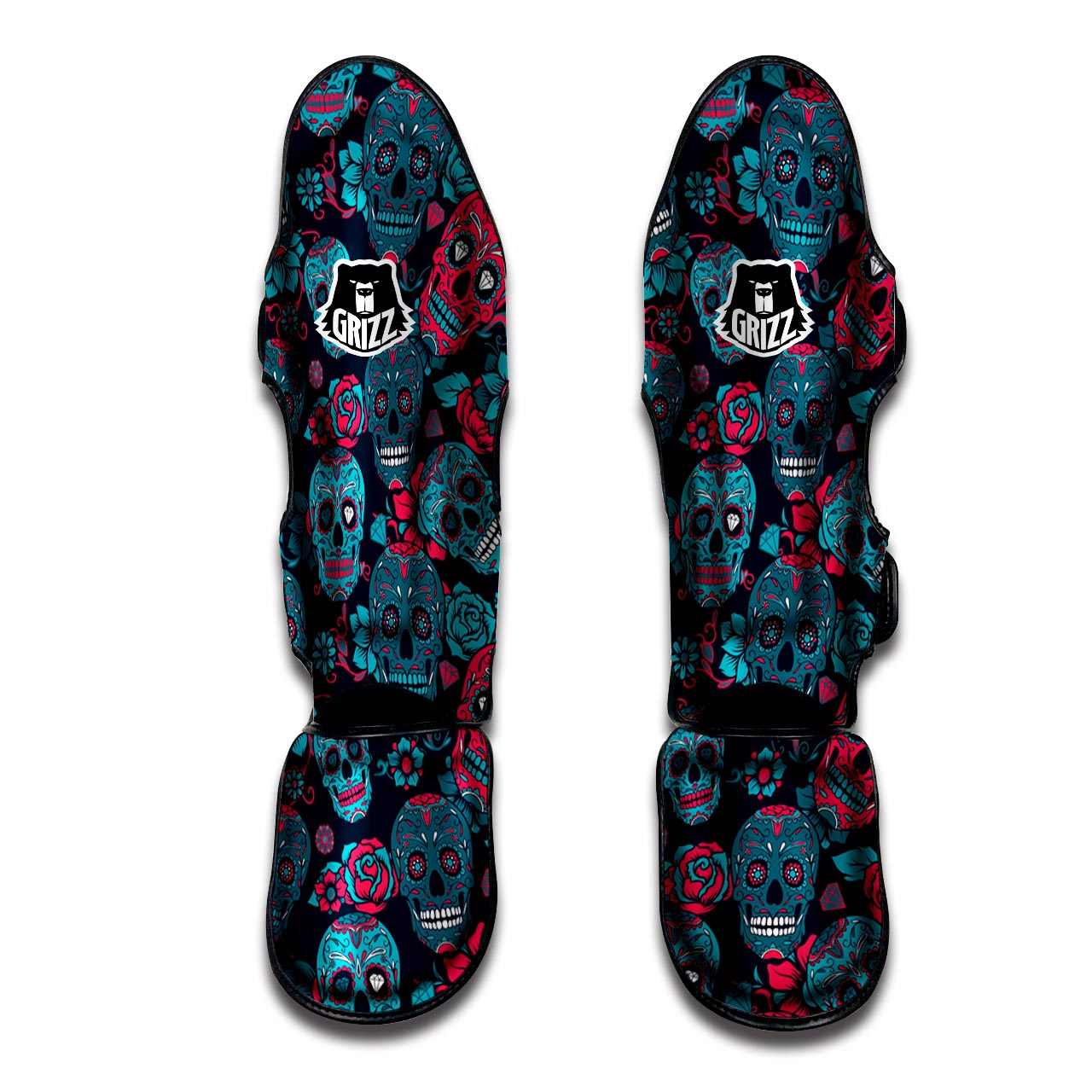 Blue And Red Floral Sugar Skull Muay Thai Shin Guard-grizzshop