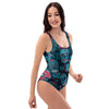 Blue And Red Floral Sugar Skull One Piece Swimsuite-grizzshop