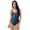 Blue And Red Floral Sugar Skull One Piece Swimsuite-grizzshop