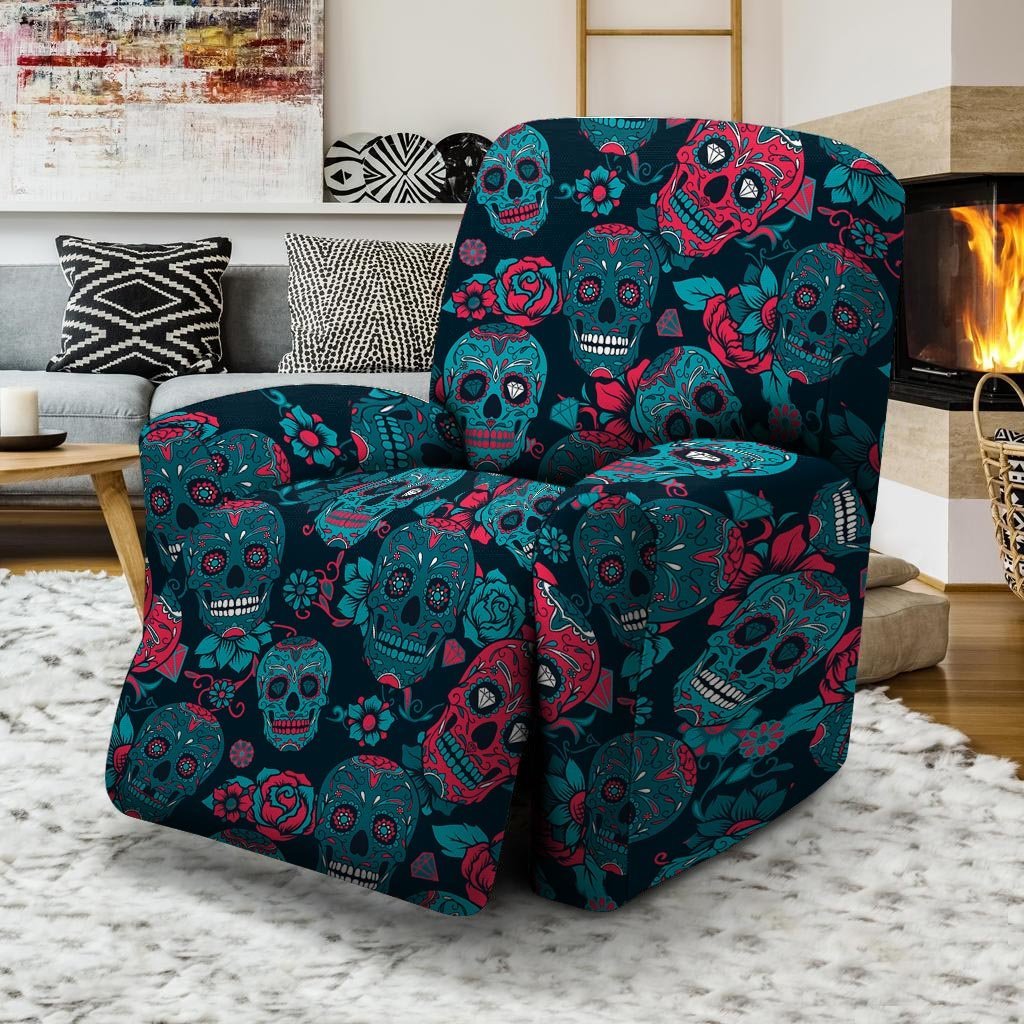 Blue And Red Floral Sugar Skull Recliner Cover-grizzshop