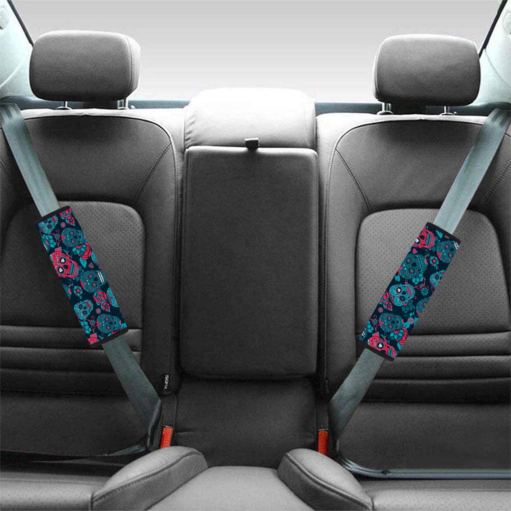 Blue And Red Floral Sugar Skull Seat Belt Cover-grizzshop