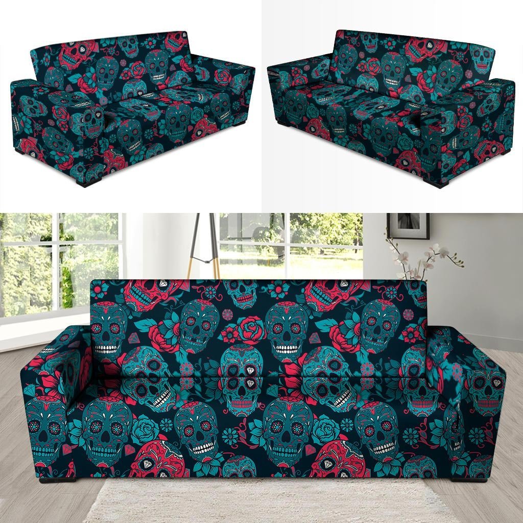 Blue And Red Floral Sugar Skull Sofa Cover-grizzshop