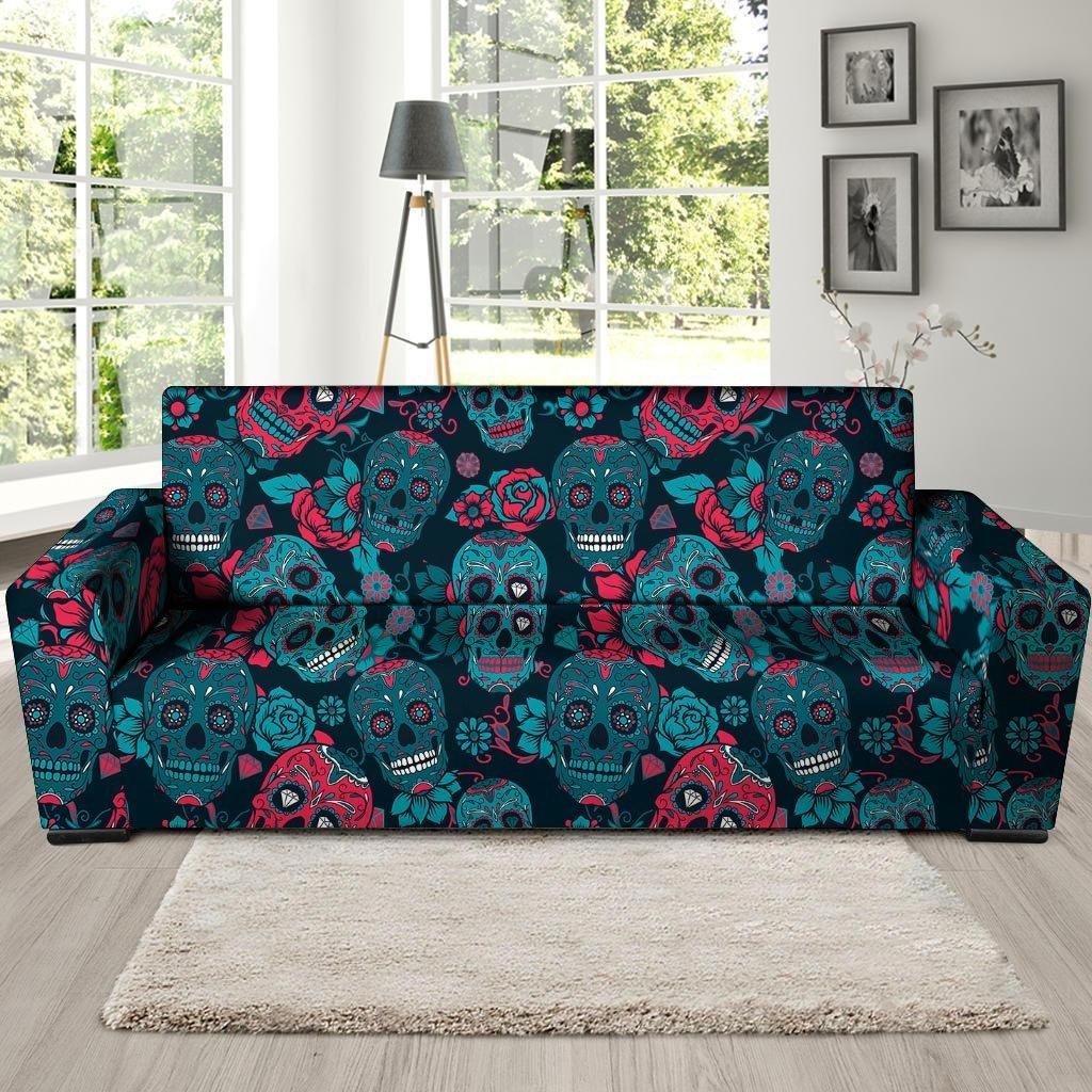 Blue And Red Floral Sugar Skull Sofa Cover-grizzshop