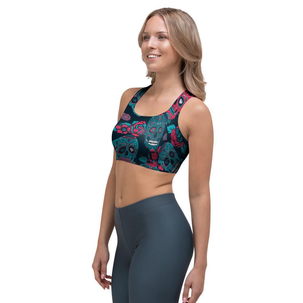 Blue And Red Floral Sugar Skull Sports Bra-grizzshop