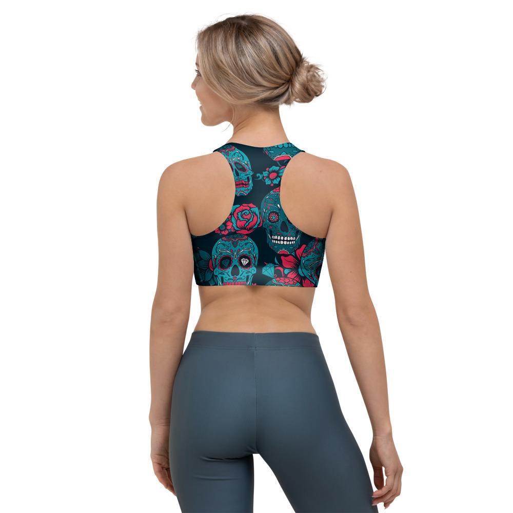 Blue And Red Floral Sugar Skull Sports Bra-grizzshop