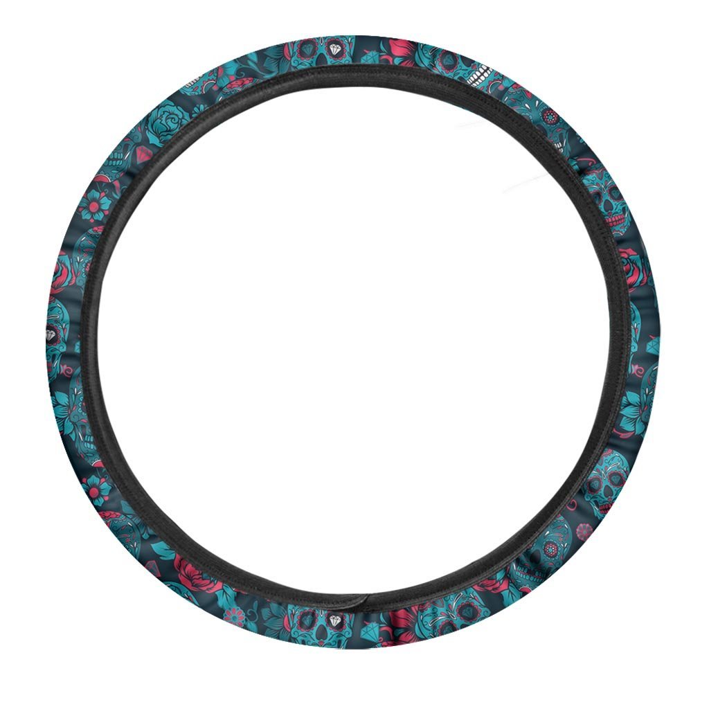 Blue And Red Floral Sugar Skull Steering Wheel Cover-grizzshop