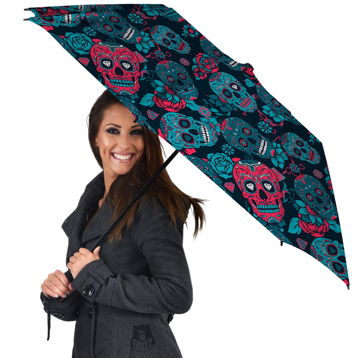 Blue And Red Floral Sugar Skull Umbrella-grizzshop