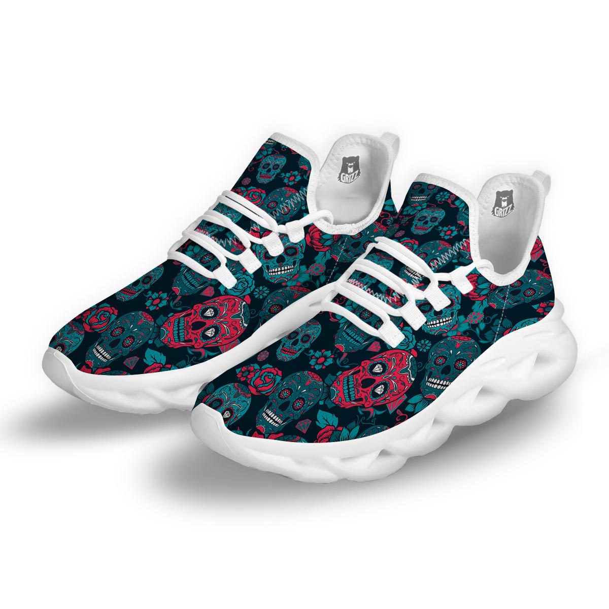 Blue And Red Floral Sugar Skull White Running Shoes-grizzshop