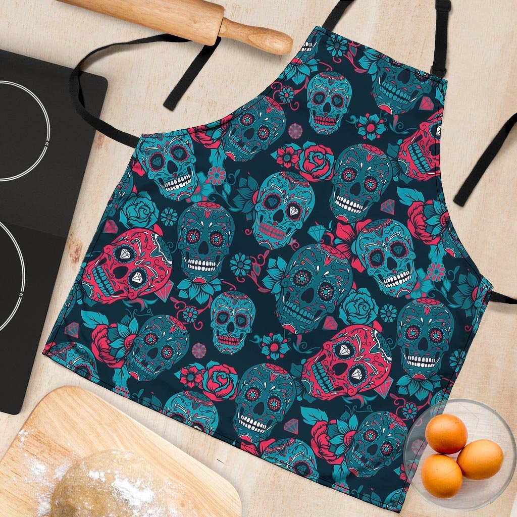 Blue And Red Floral Sugar Skull Women's Apron-grizzshop