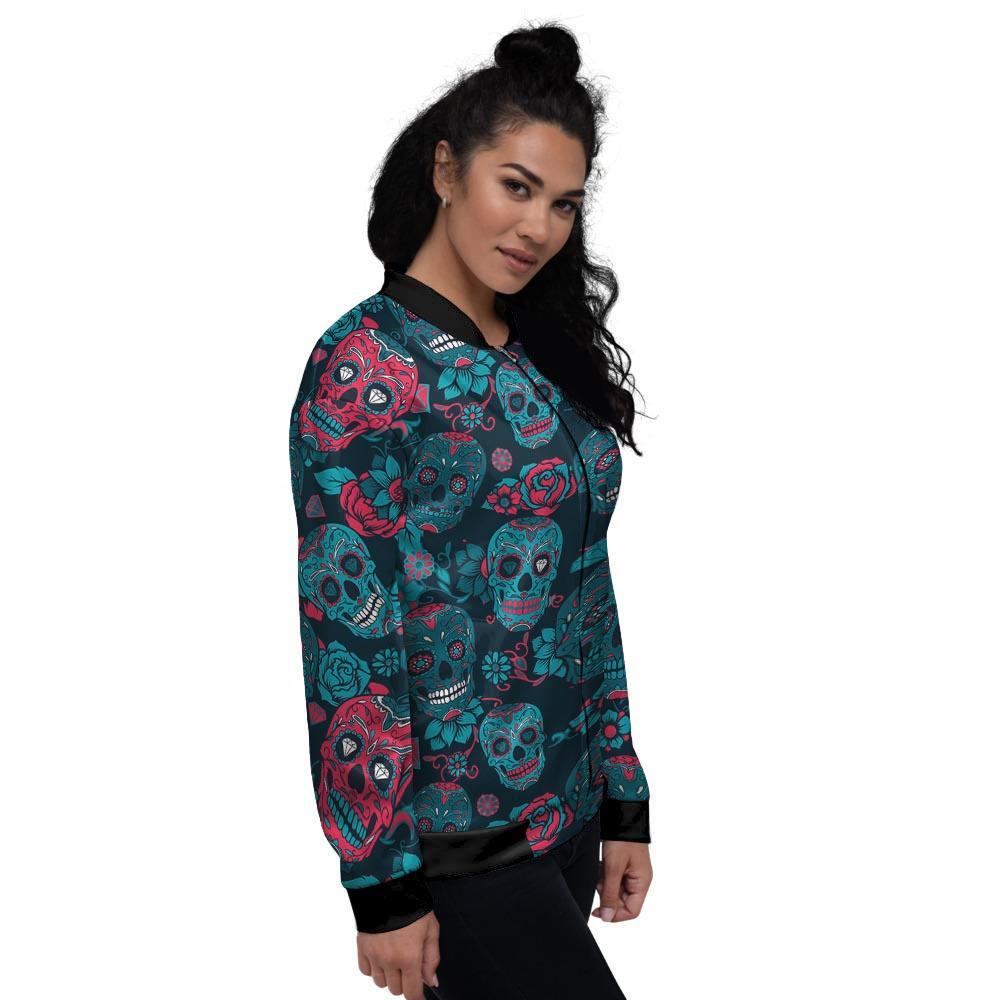 Blue And Red Floral Sugar Skull Women's Bomber Jacket-grizzshop