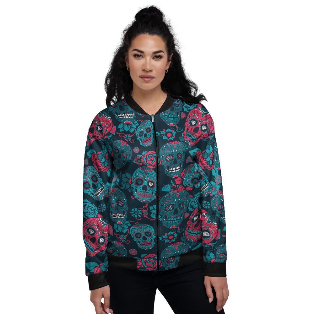 Blue And Red Floral Sugar Skull Women's Bomber Jacket-grizzshop