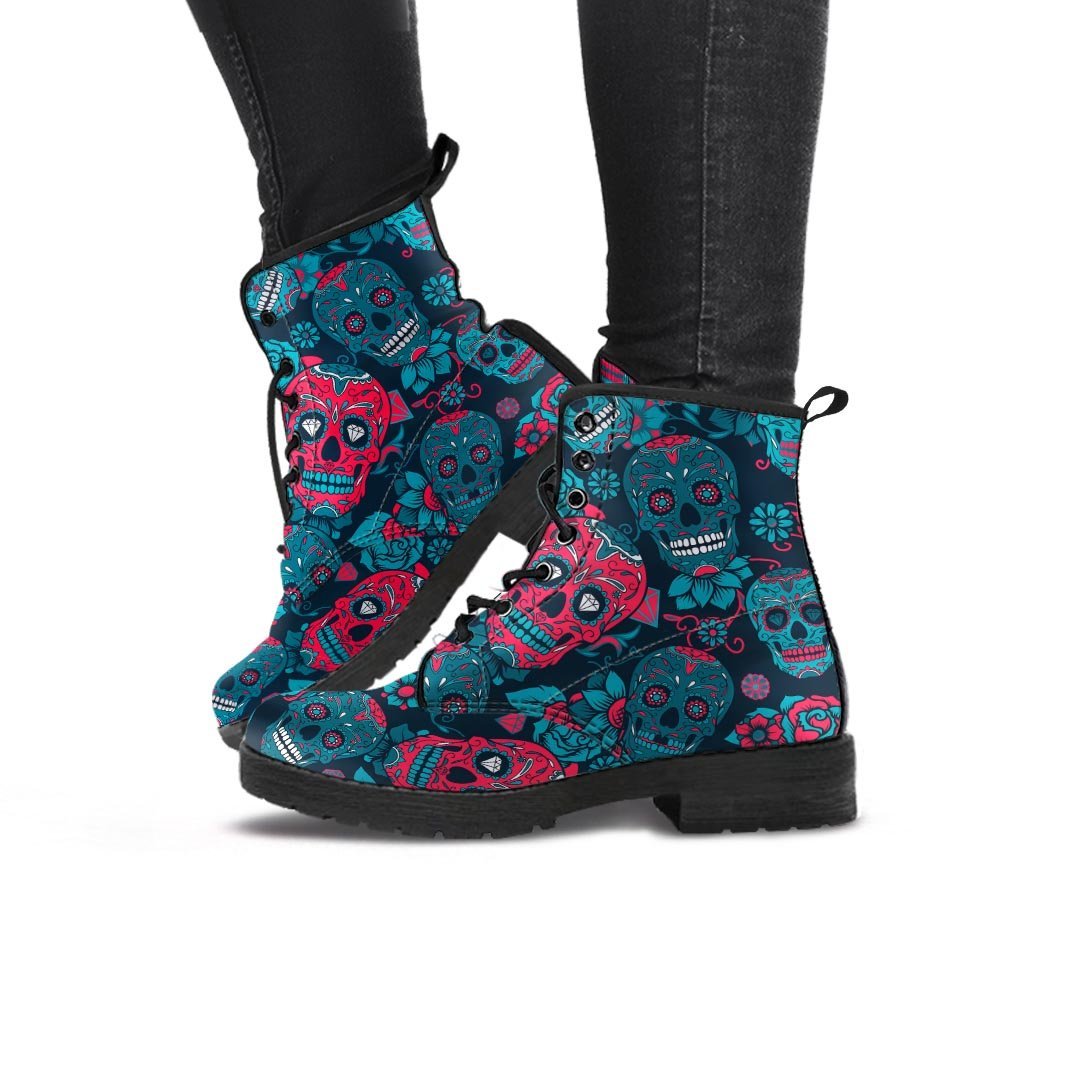 Blue And Red Floral Sugar Skull Women's Boots-grizzshop