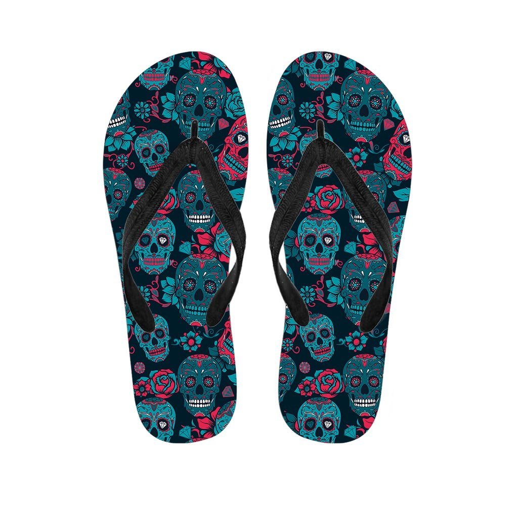 Blue And Red Floral Sugar Skull Women's Flip Flops-grizzshop