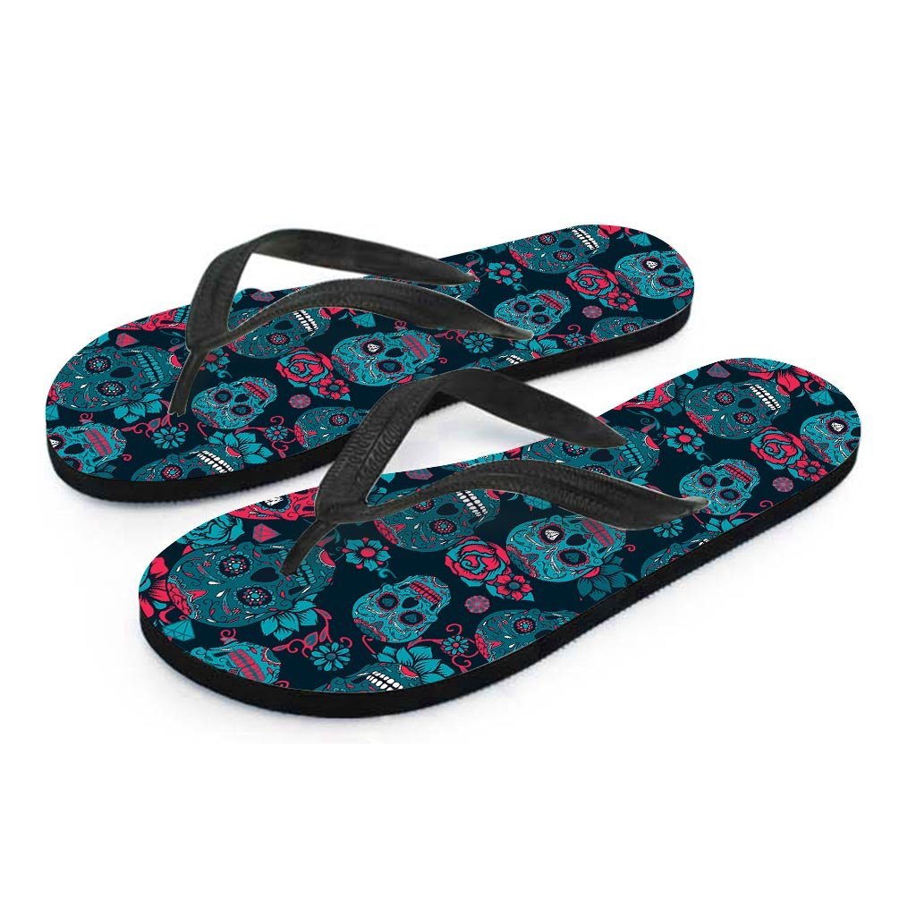 Blue And Red Floral Sugar Skull Women's Flip Flops-grizzshop