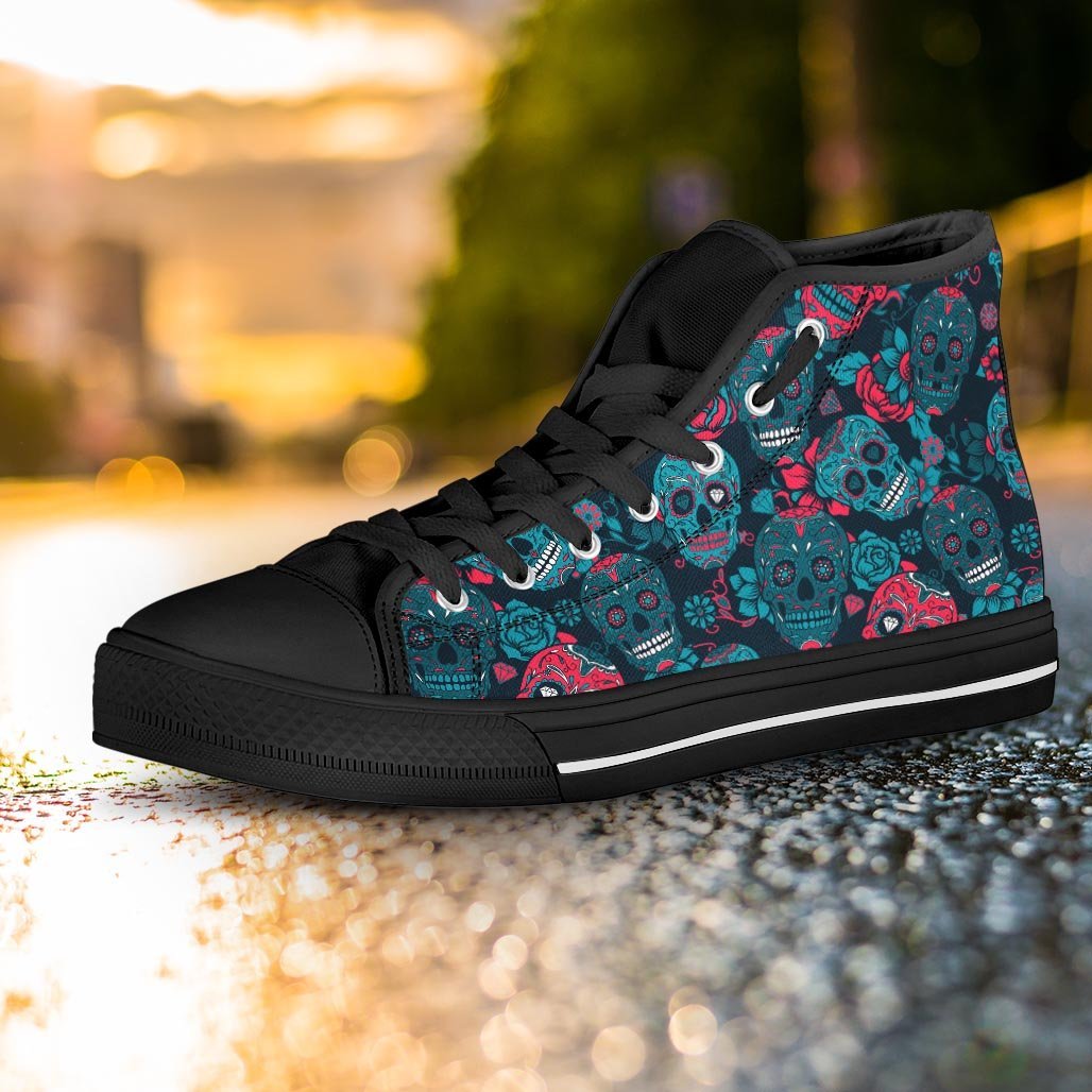 Blue And Red Floral Sugar Skull Women's High Top Shoes-grizzshop