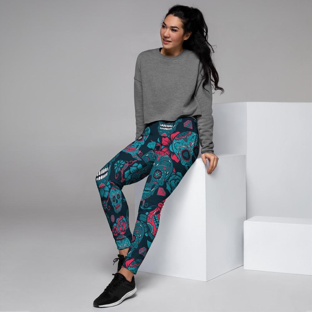 Blue And Red Floral Sugar Skull Women's Joggers-grizzshop