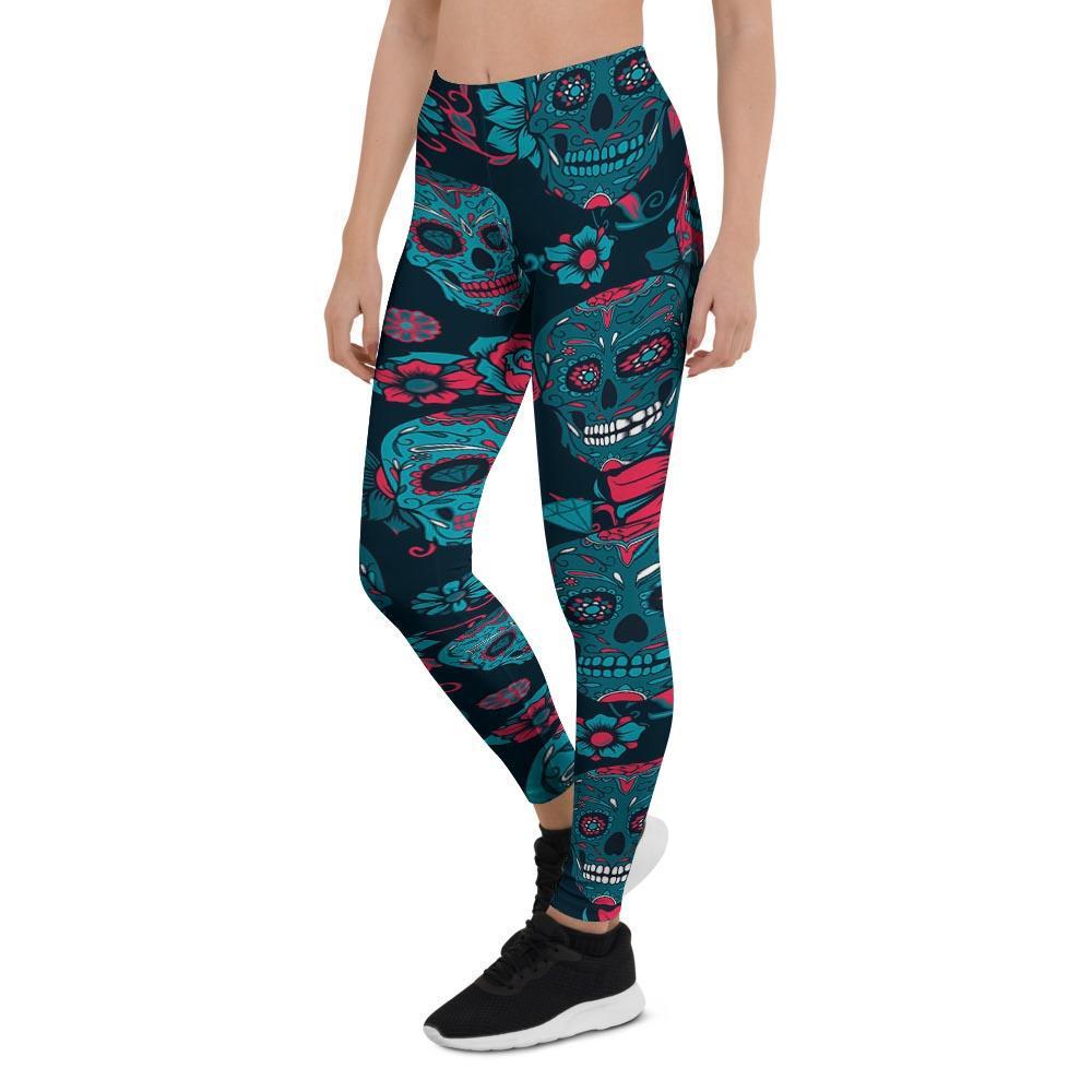 Blue And Red Floral Sugar Skull Women's Leggings-grizzshop