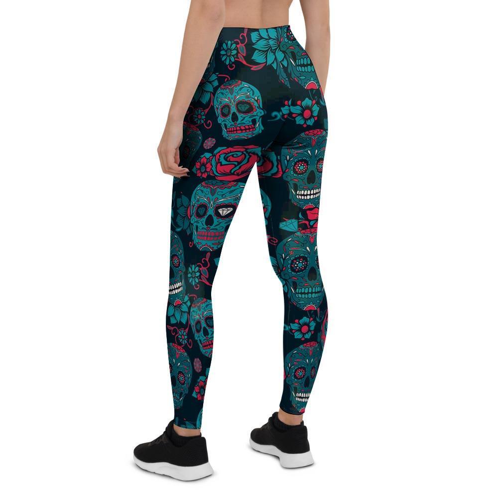 Blue And Red Floral Sugar Skull Women's Leggings-grizzshop