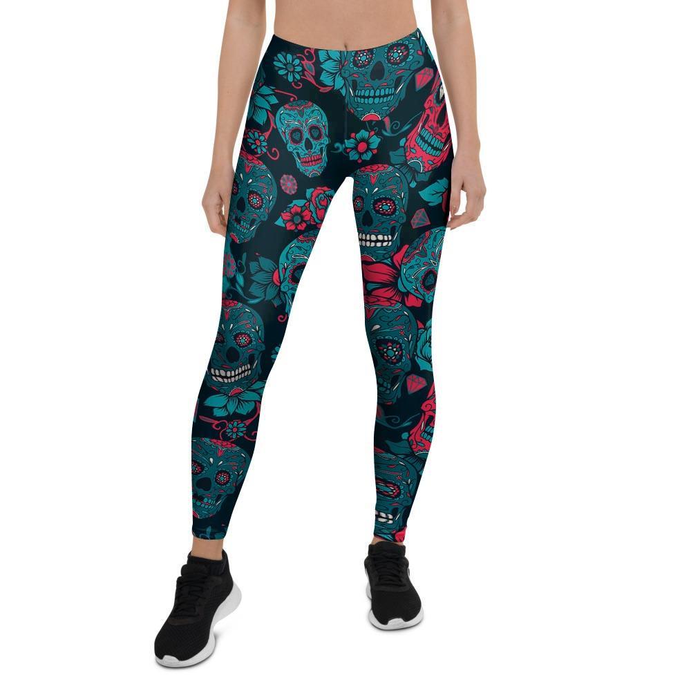 Blue And Red Floral Sugar Skull Women's Leggings-grizzshop