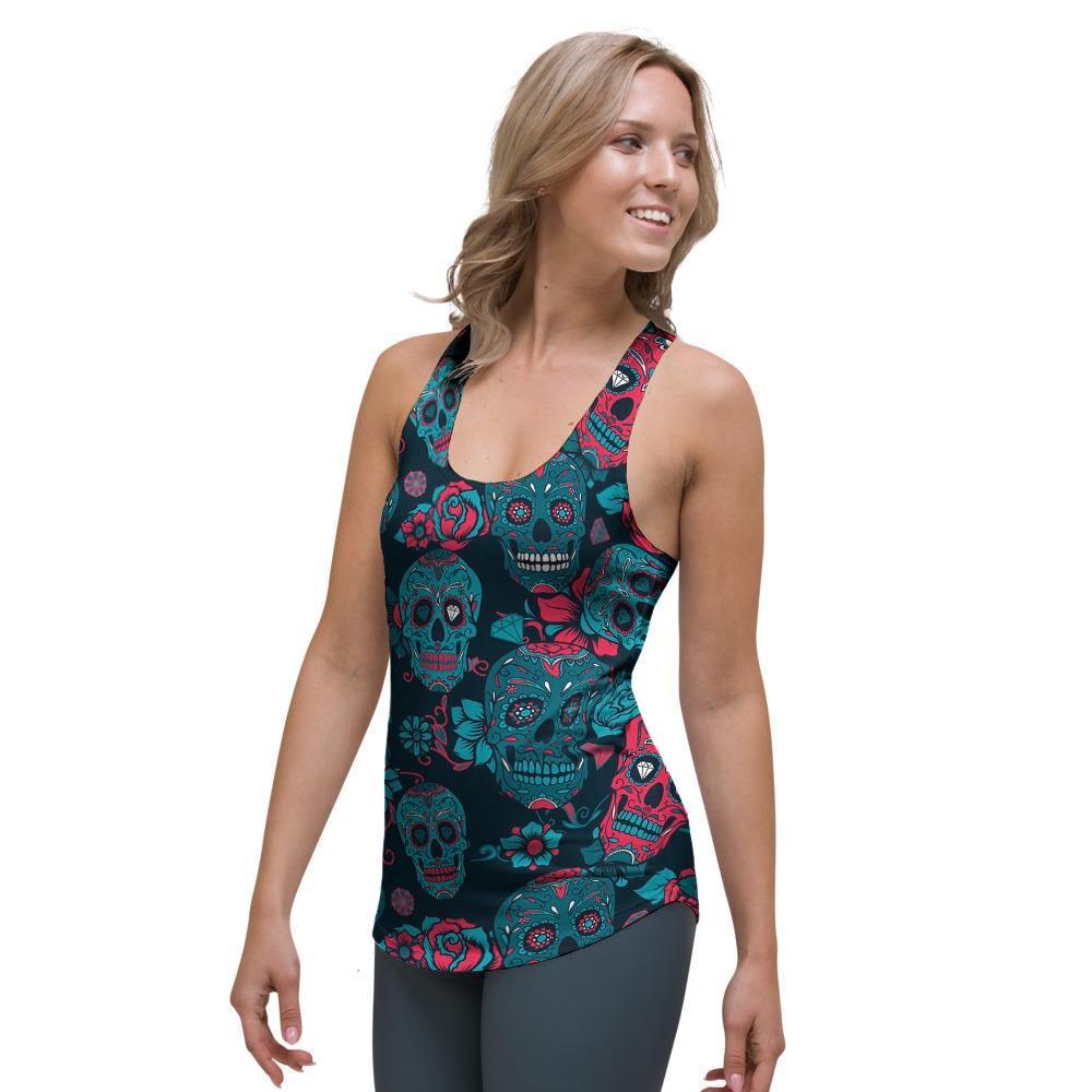 Blue And Red Floral Sugar Skull Women's Racerback Tank Top-grizzshop