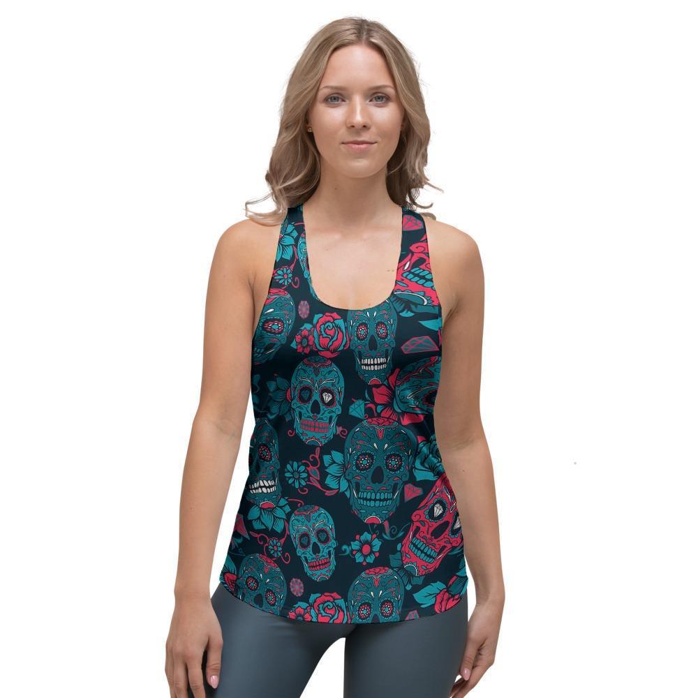 Blue And Red Floral Sugar Skull Women's Racerback Tank Top-grizzshop
