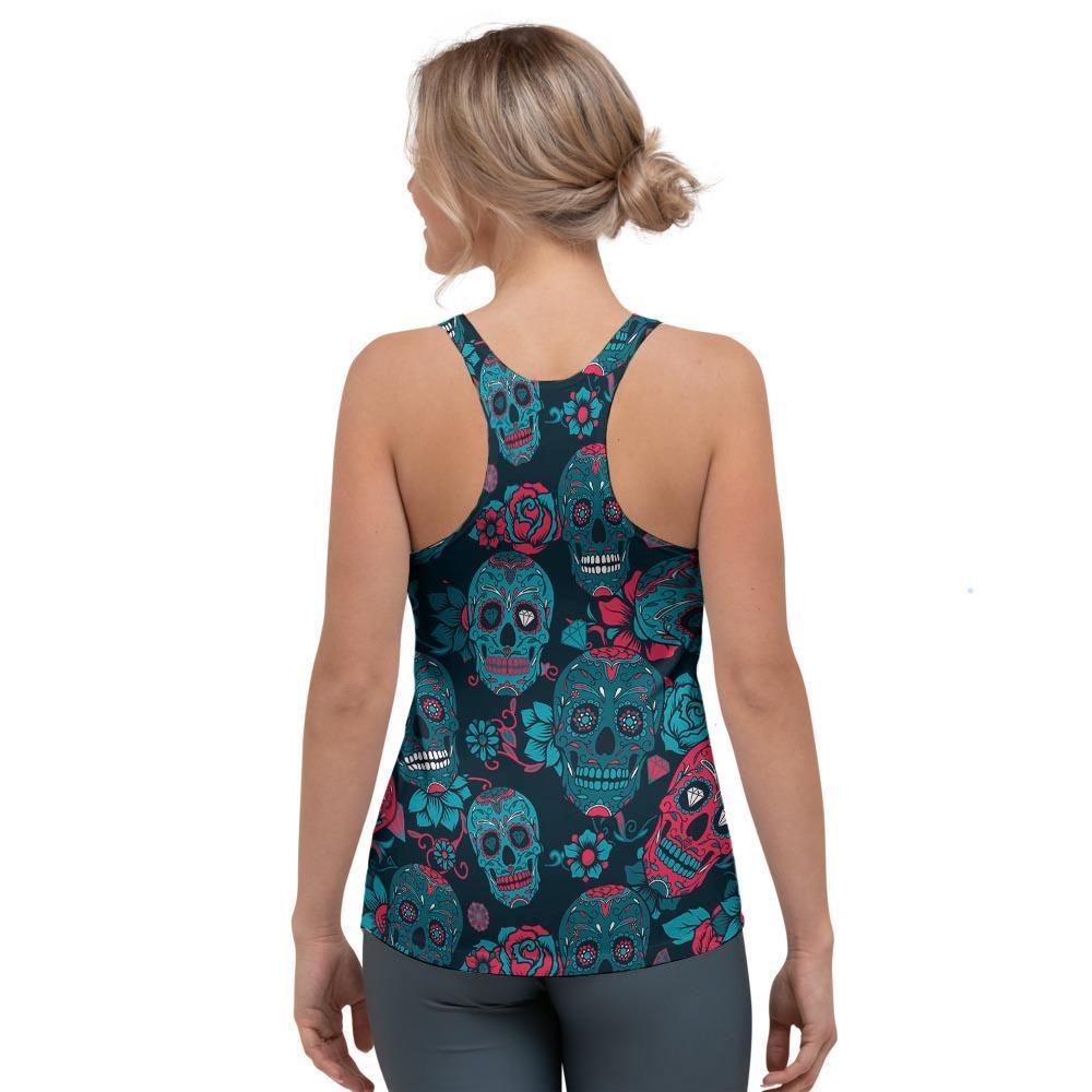 Blue And Red Floral Sugar Skull Women's Racerback Tank Top-grizzshop