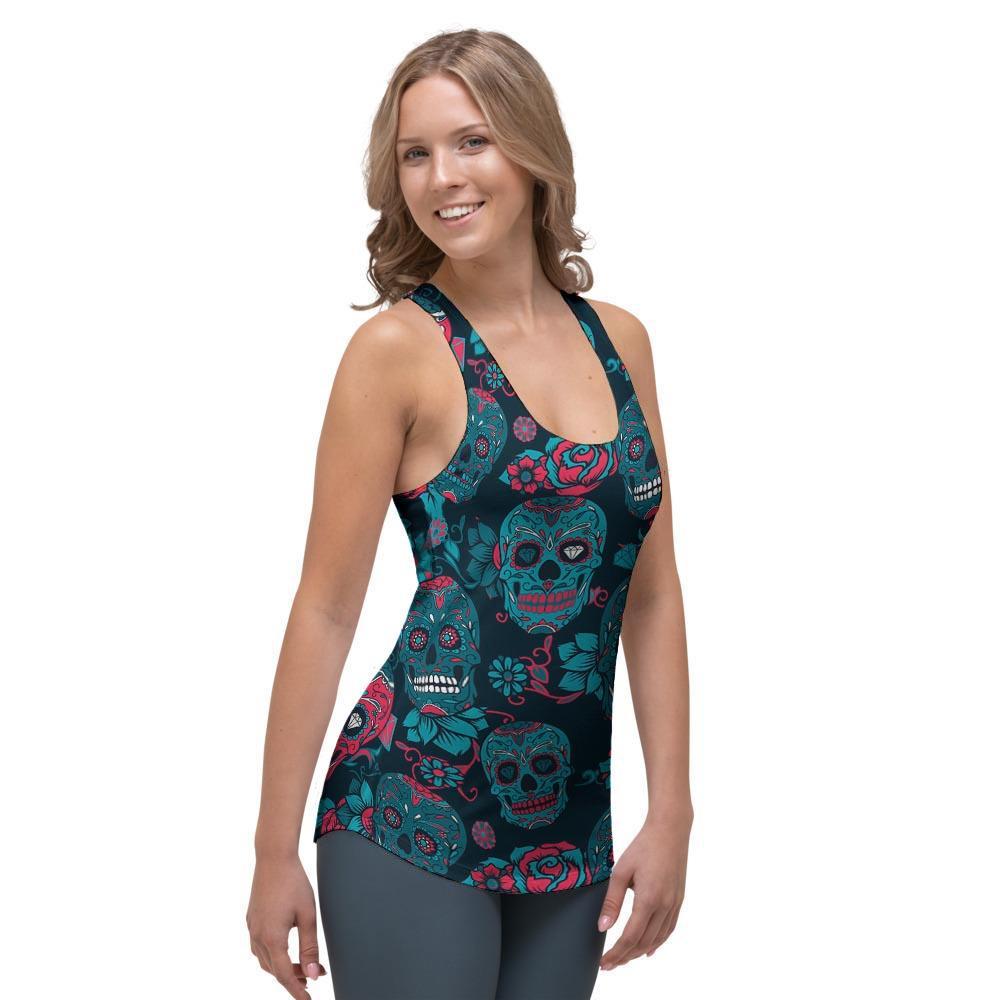 Blue And Red Floral Sugar Skull Women's Racerback Tank Top-grizzshop