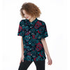 Blue And Red Floral Sugar Skull Women's Short Sleeve Shirts-grizzshop