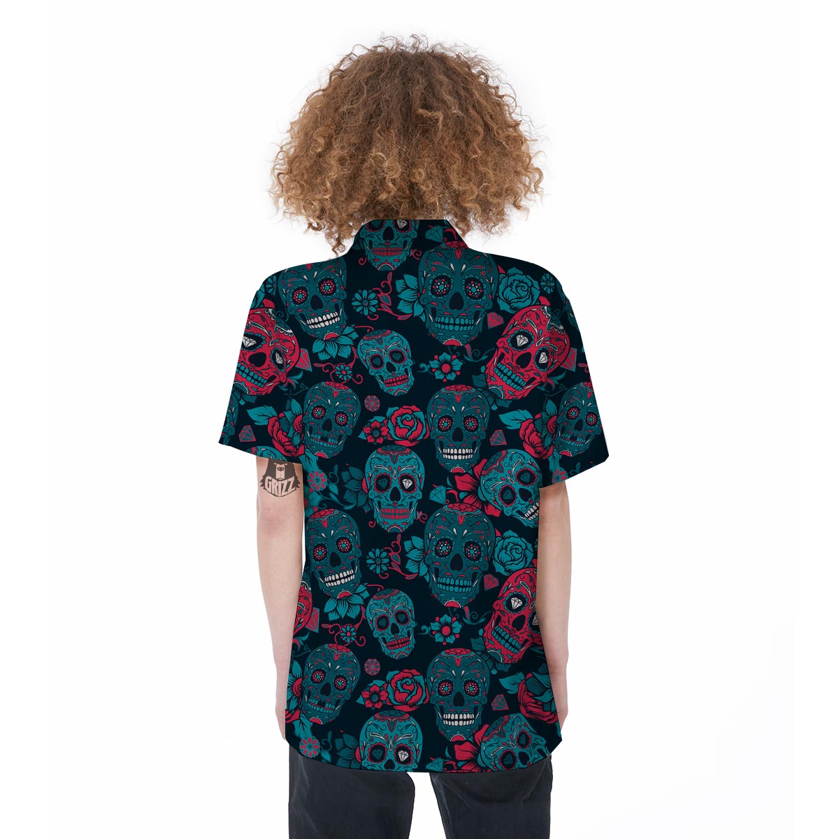 Blue And Red Floral Sugar Skull Women's Short Sleeve Shirts-grizzshop