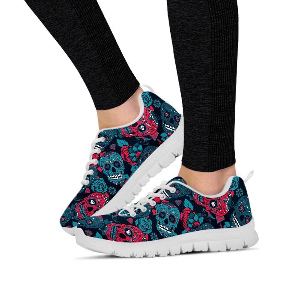 Blue And Red Floral Sugar Skull Women's Sneakers-grizzshop